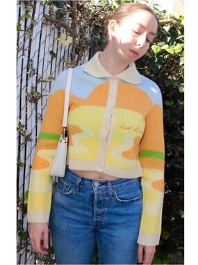 House Of Sunny Day Tripper Sunset Cropped Knit Collared Long Sleeve Cardigan XS